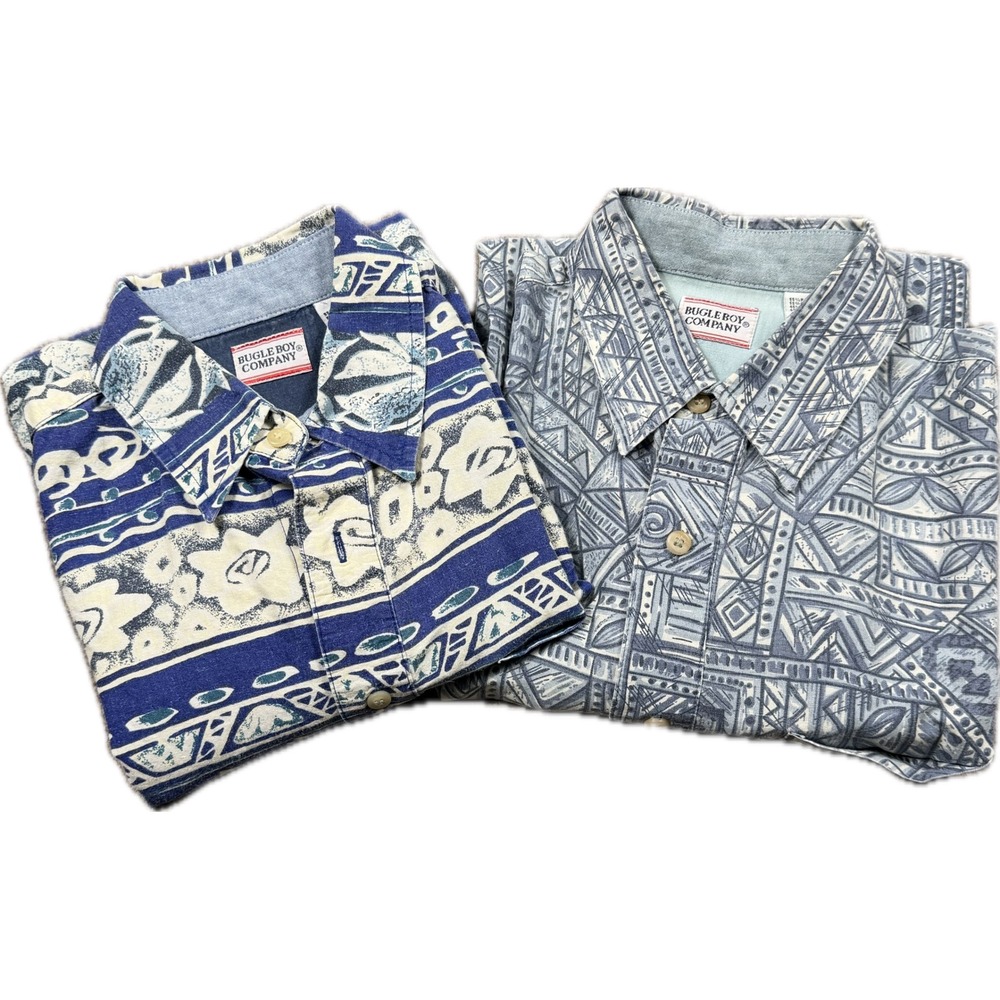 Lot of‎ 2 VTG Bugle Boy Company Men's M Short Sleeve Button Down Hawaiian Shirts